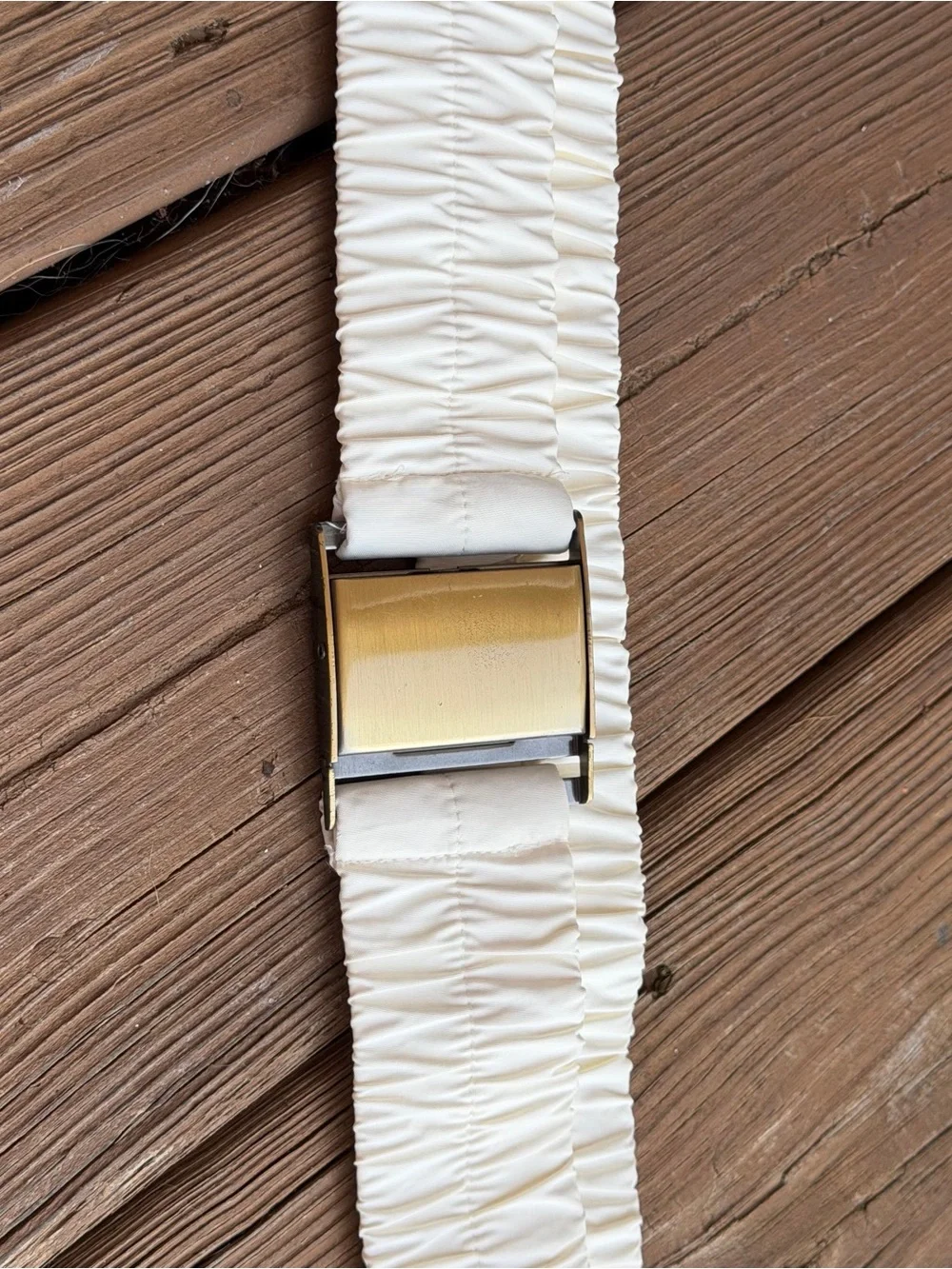 Vintage 80s White Ruched Elastic Cinch Belt Wide Gold Buckle Statement 39”